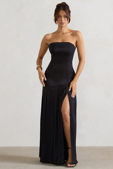 Confidence Black Satin Bandeau Pleated Split Maxi Dress